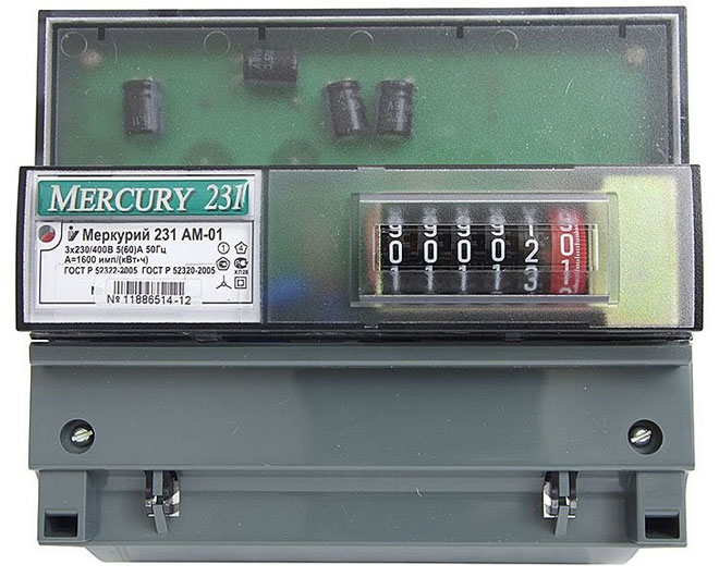 Contor electric Mercury 231 AM-01, vedere exterioară. 