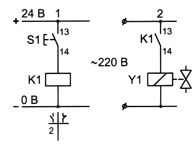 Pneumatinio vožtuvo elektromagneto valdymo relės pagalba pavyzdinė elektros schema. 