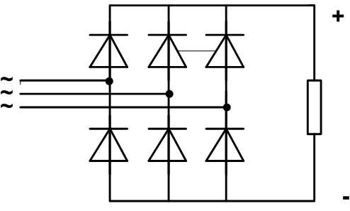 Circuit de punte cu diode pentru o sursă de tensiune alternativă trifazată. 