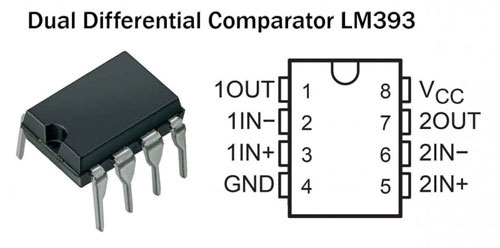 LM393 įtampos komparatoriaus išvaizda ir jungimo schema