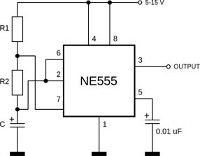 Diagrama schematică a funcționării NE555 în modul flicker. 