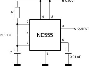 NE555 grandinės schema vieno osciliatoriaus režimu. 