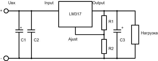 Tipinė LM317 grandinės schema. 