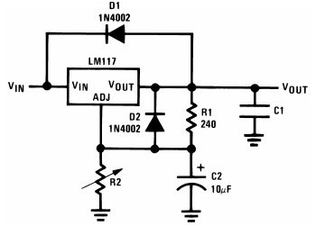 Circuit de comutare a LM317 cu două diode D1 și D2. 