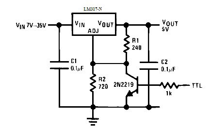 LM317 perjungimo grandinė su tranzistoriumi. 