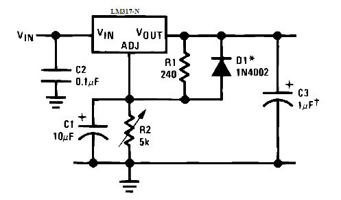 Circuit de comutare a LM317 cu un condensator în paralel cu rezistența variabilă. 