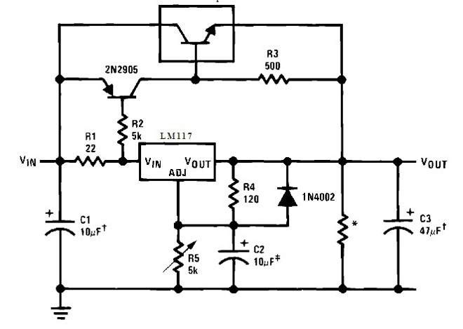 Circuit de comutare a LM317 cu tranzistor extern. 