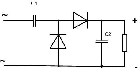 Un circuito rectificador duplicador de tensión. 