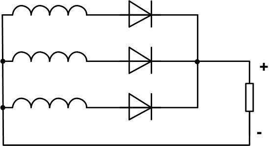 Diagrama schematică a unui redresor trifazat. 