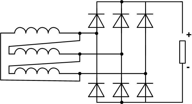 Schemat prostownika trójfazowego z transformatorem trójkątnym. 